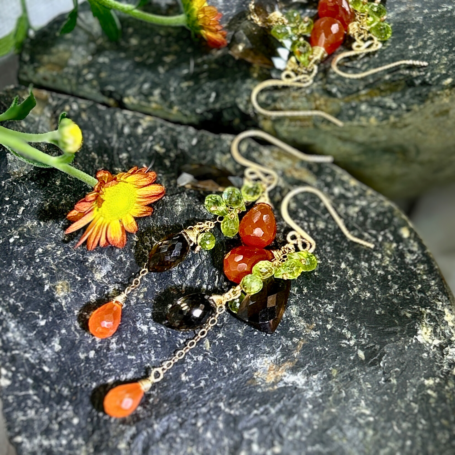 Fall leaf statement cluster dangle earring, waterfall cascading chandelier with smoky quartz carnelians peridot clusters in 14k gold filled, earth tone earring.