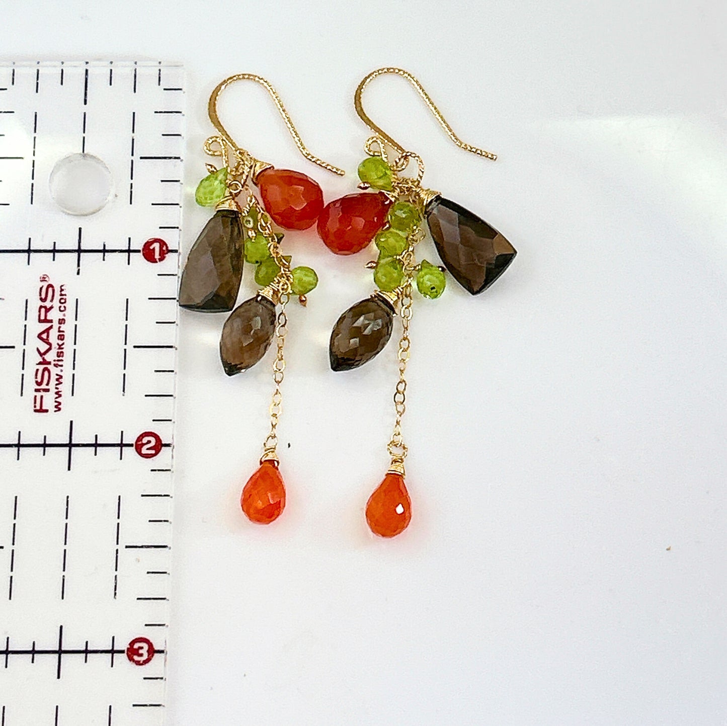 Fall leaf statement cluster dangle earring, waterfall cascading chandelier with smoky quartz carnelians peridot clusters in 14k gold filled, earth tone earring.
