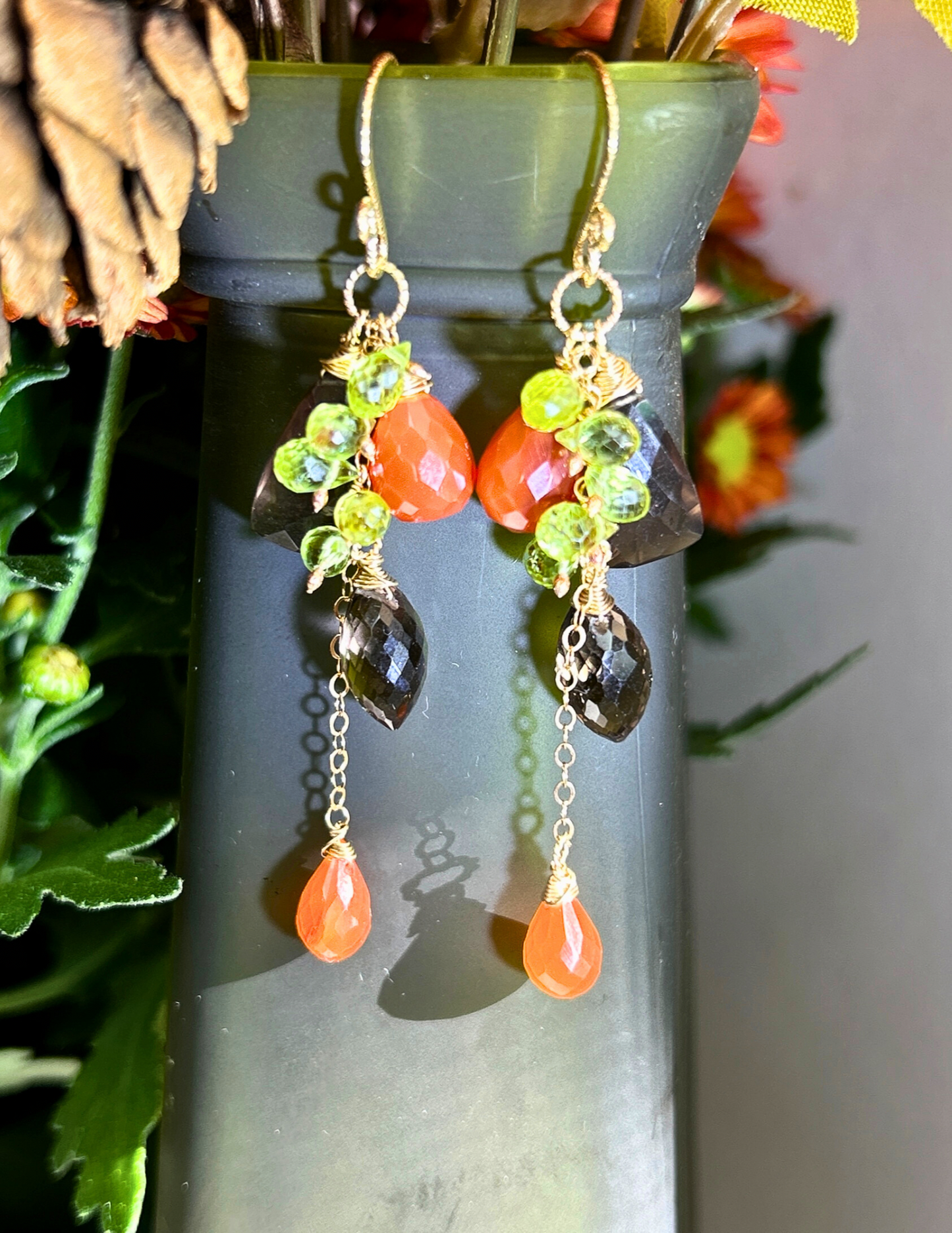 Fall leaf statement cluster dangle earring, waterfall cascading chandelier with smoky quartz carnelians peridot clusters in 14k gold filled, earth tone earring.