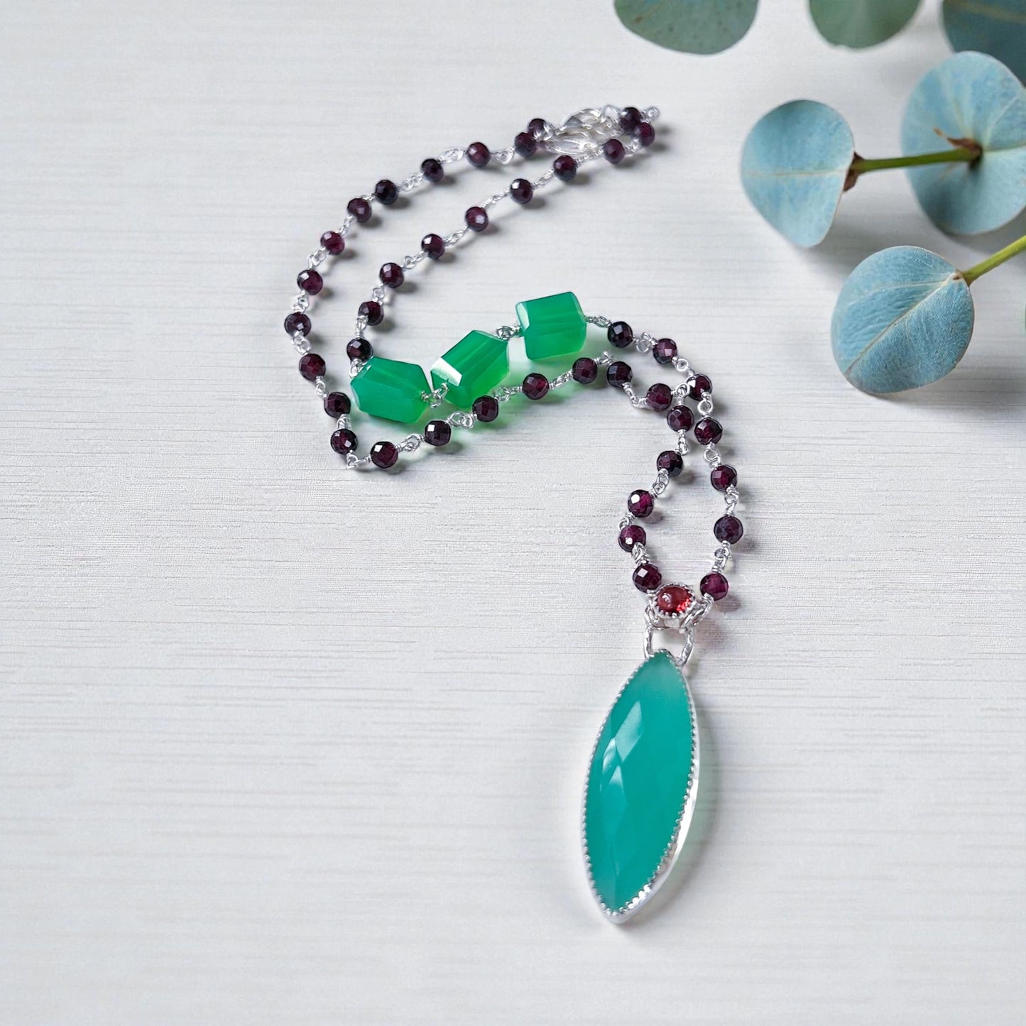 Green chalcedony gemstone necklace sterling silver pendent necklace w Aqua chalcedony, garnet