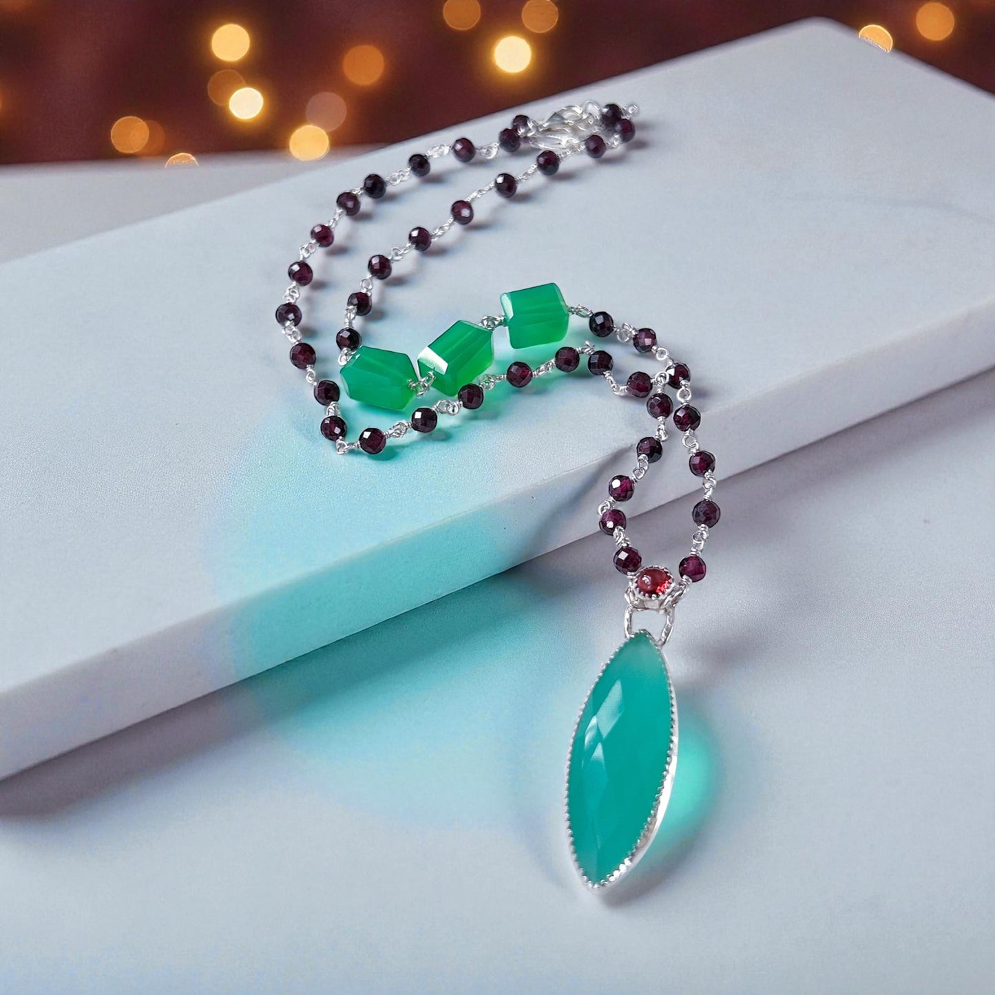 Green chalcedony gemstone necklace sterling silver pendent necklace w Aqua chalcedony, garnet