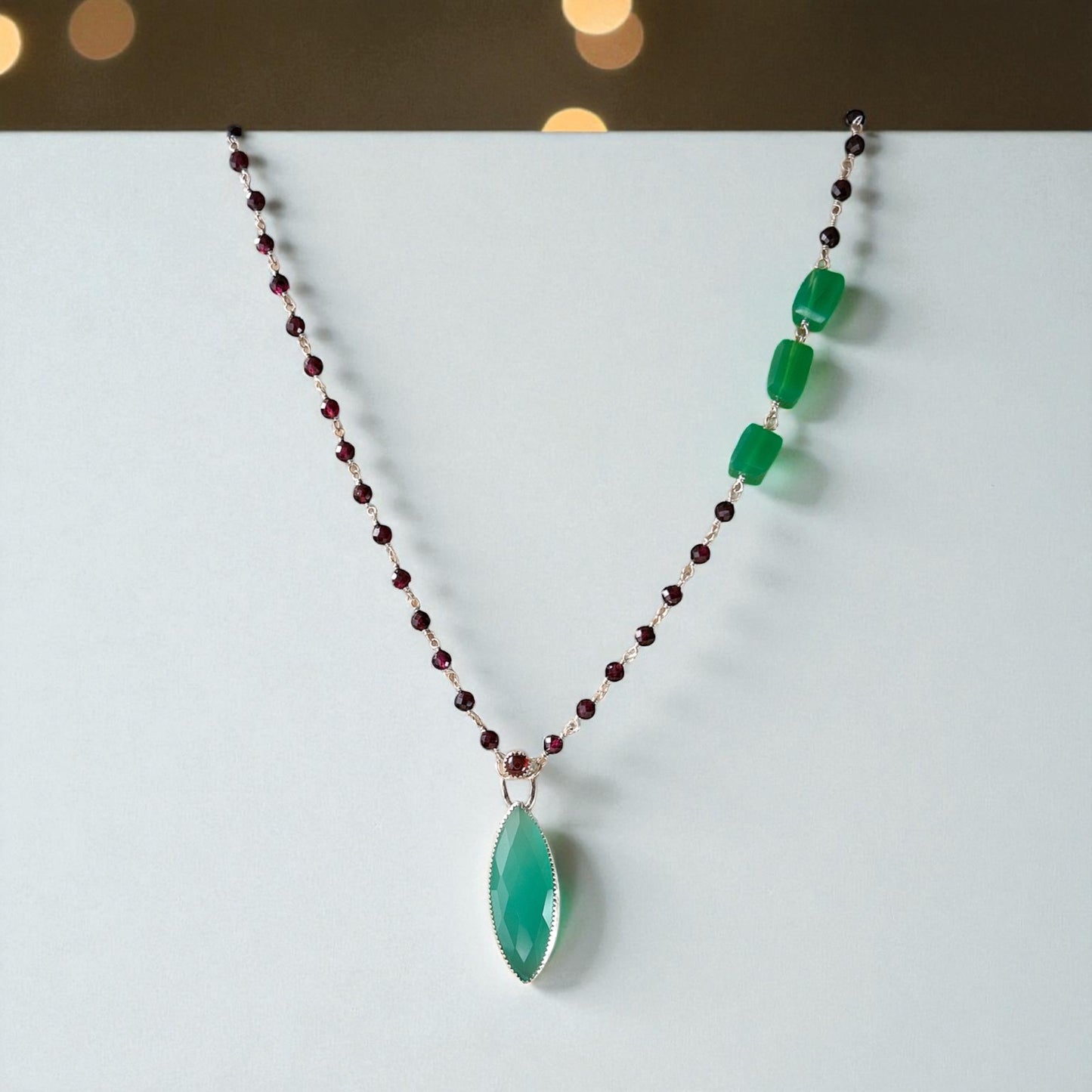 Green chalcedony gemstone necklace sterling silver pendent necklace w Aqua chalcedony, garnet