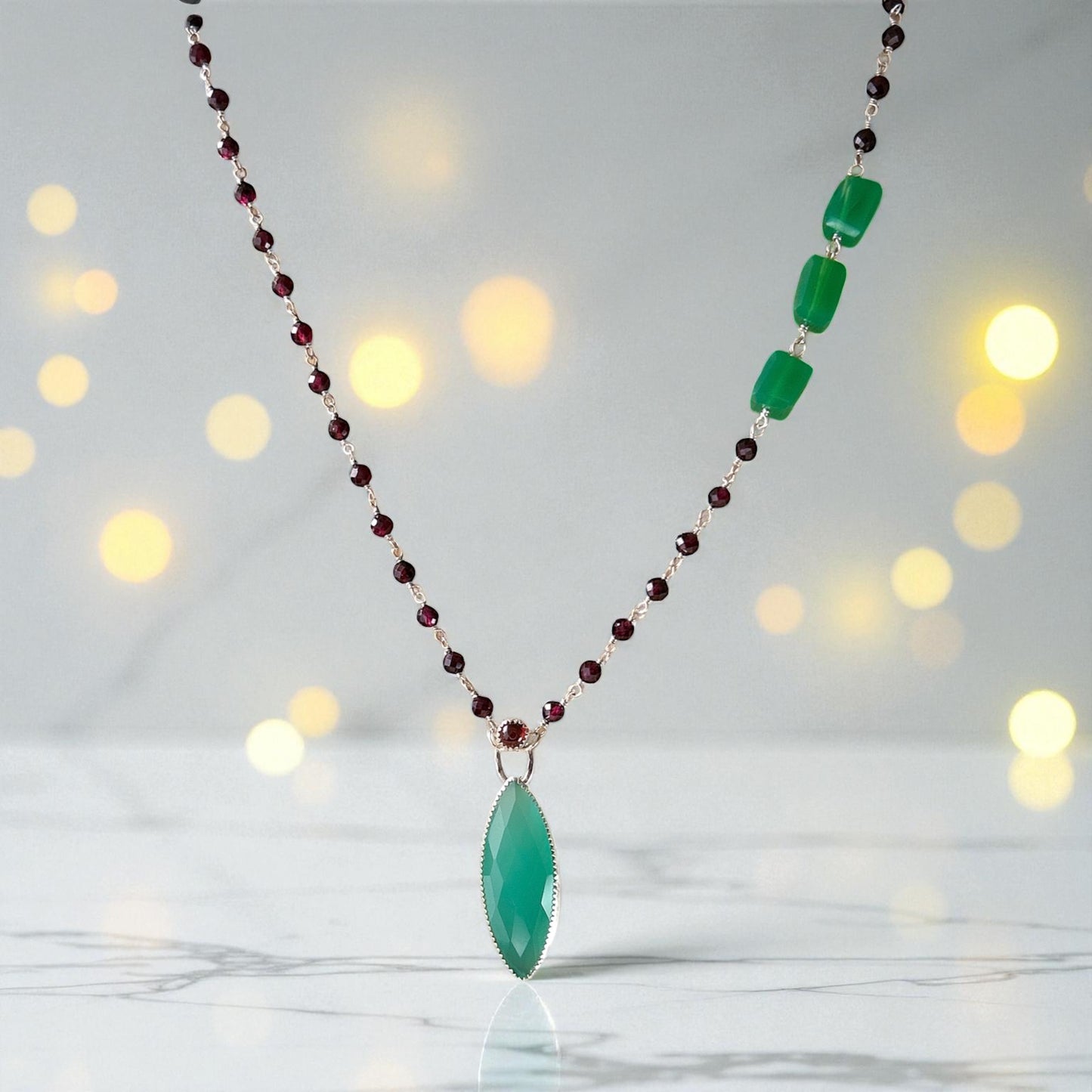 Green chalcedony gemstone necklace sterling silver pendent necklace w Aqua chalcedony, garnet