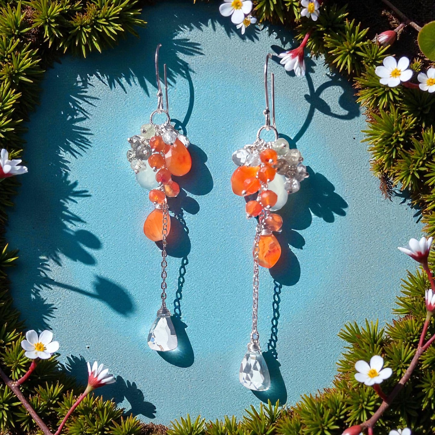 Seafoam chalcedony blue quartz statement cluster earring, with carnelian, labradorite, waterfall cascading earring