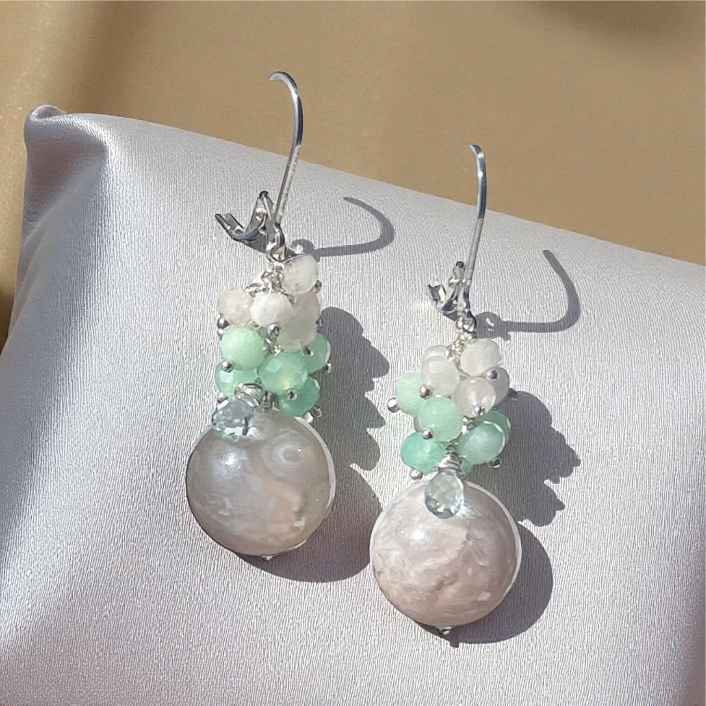 Sakura agate gemstone earrings, floral cluster earrings with chrysoprase, pink morganit
