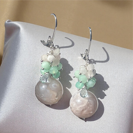 Sakura agate gemstone earrings, floral cluster earrings with chrysoprase, pink morganit