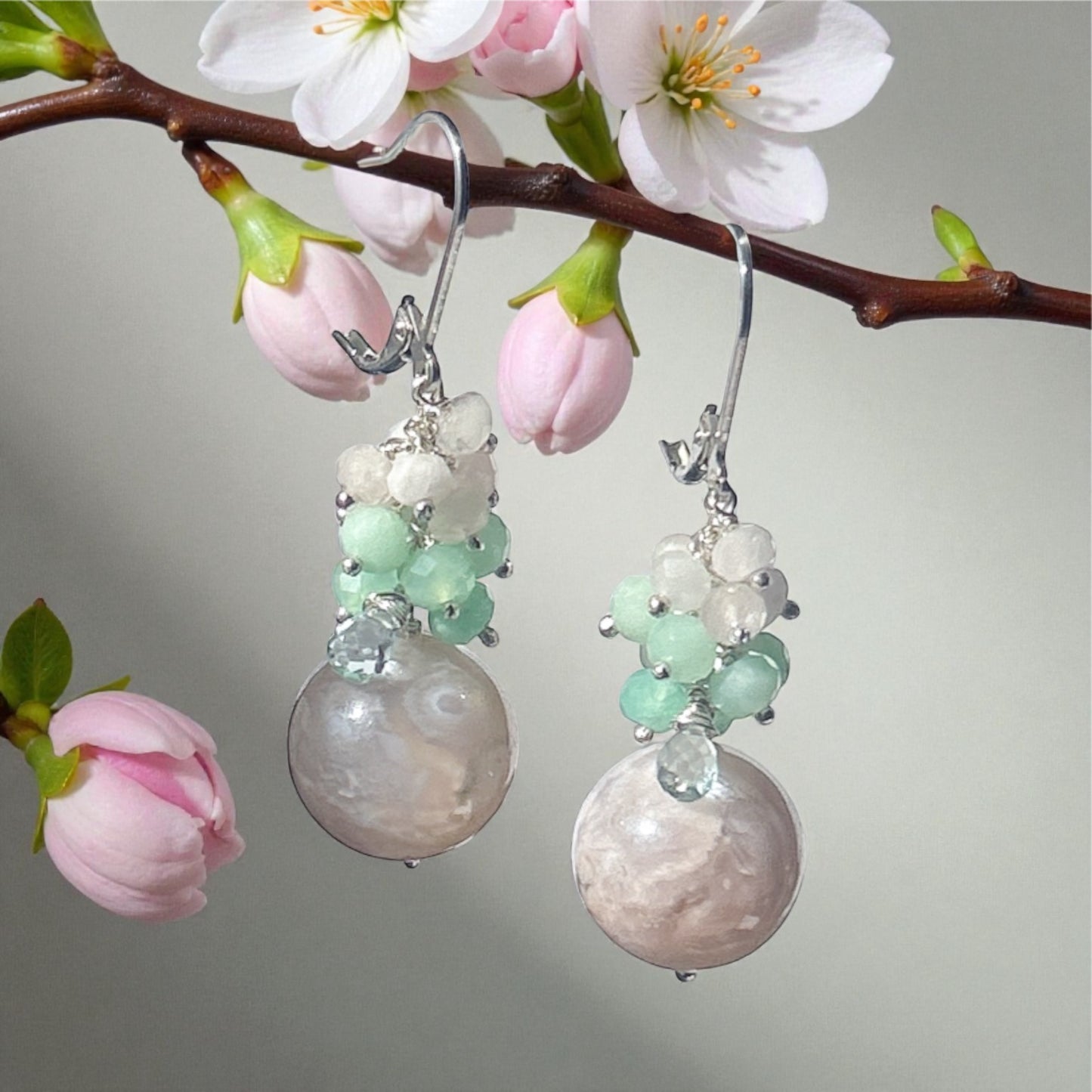 Sakura agate gemstone earrings, floral cluster earrings with chrysoprase, pink morganit
