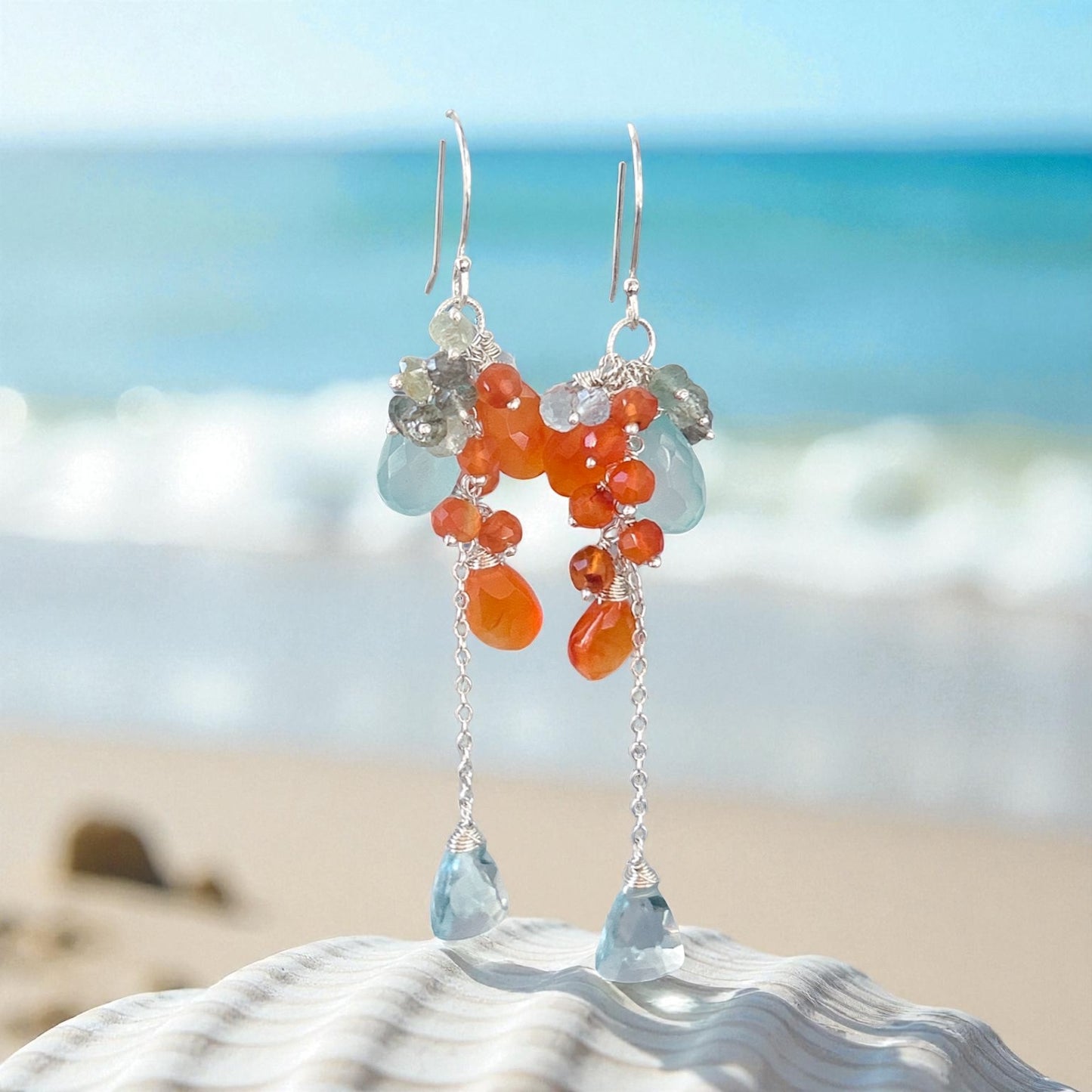 Seafoam chalcedony blue quartz statement cluster earring, with carnelian, labradorite, waterfall cascading earring