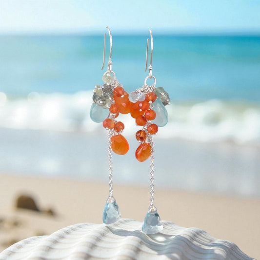 Seafoam chalcedony blue quartz statement cluster earring, with carnelian, labradorite, waterfall cascading earring