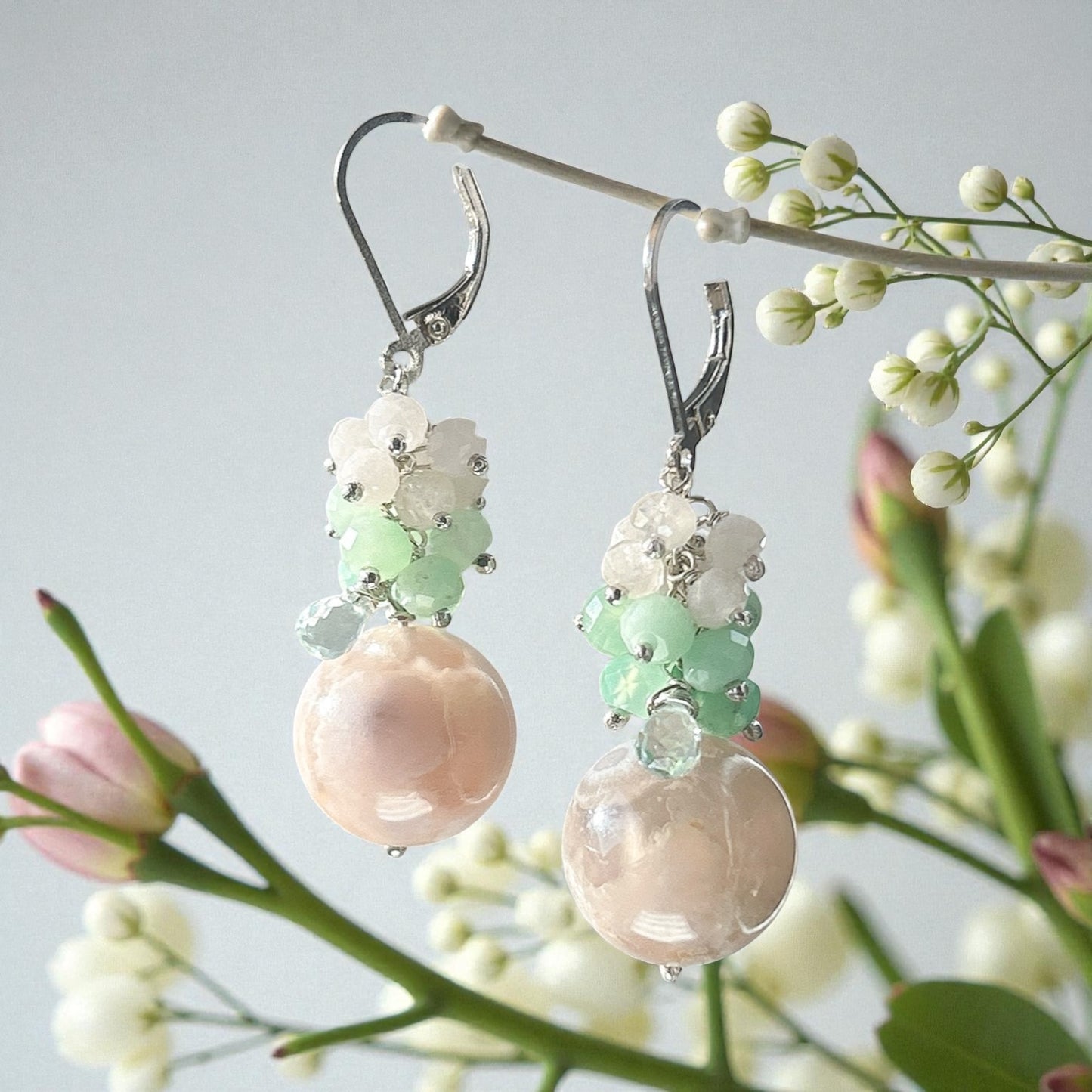 Sakura agate gemstone earrings, floral cluster earrings with chrysoprase, pink morganit