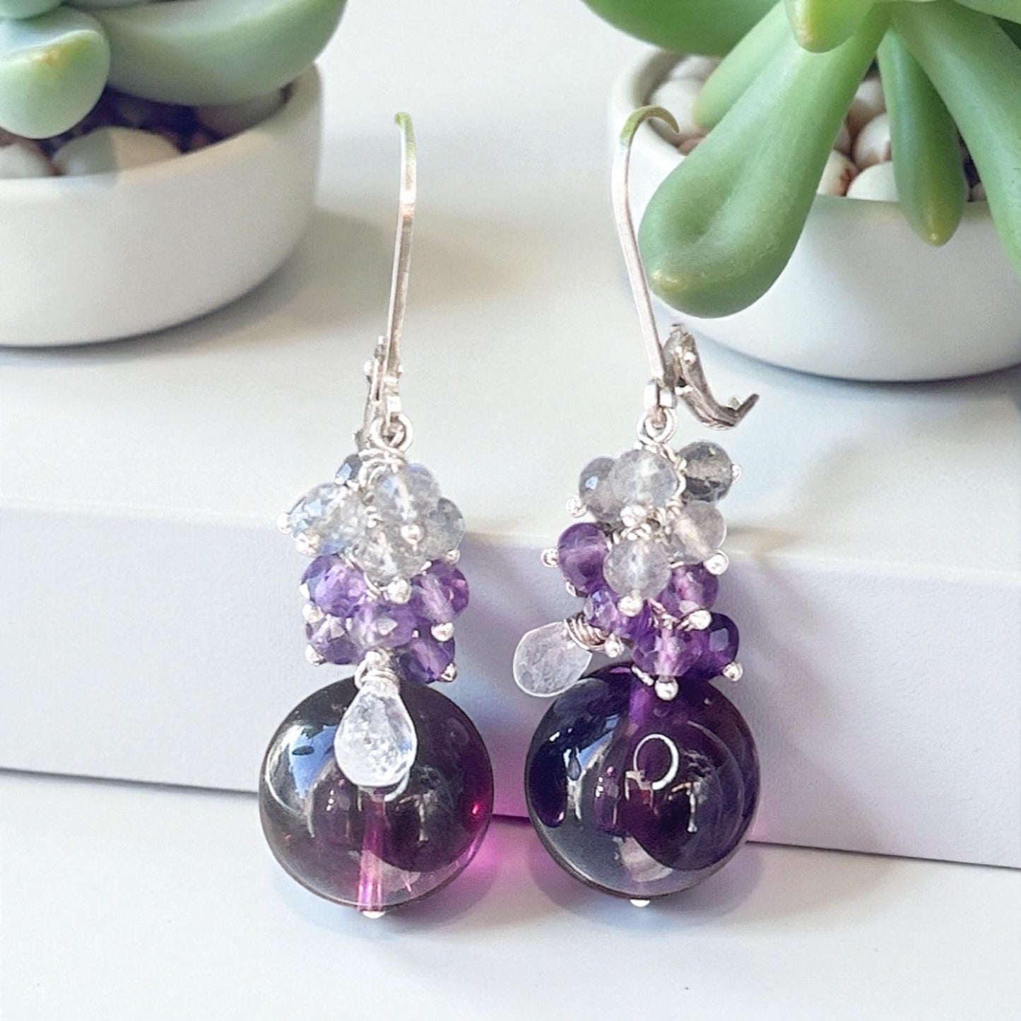 Uruguay Amethyst earrings, 12mm dark amethyst gemstone earrings, with labradorite