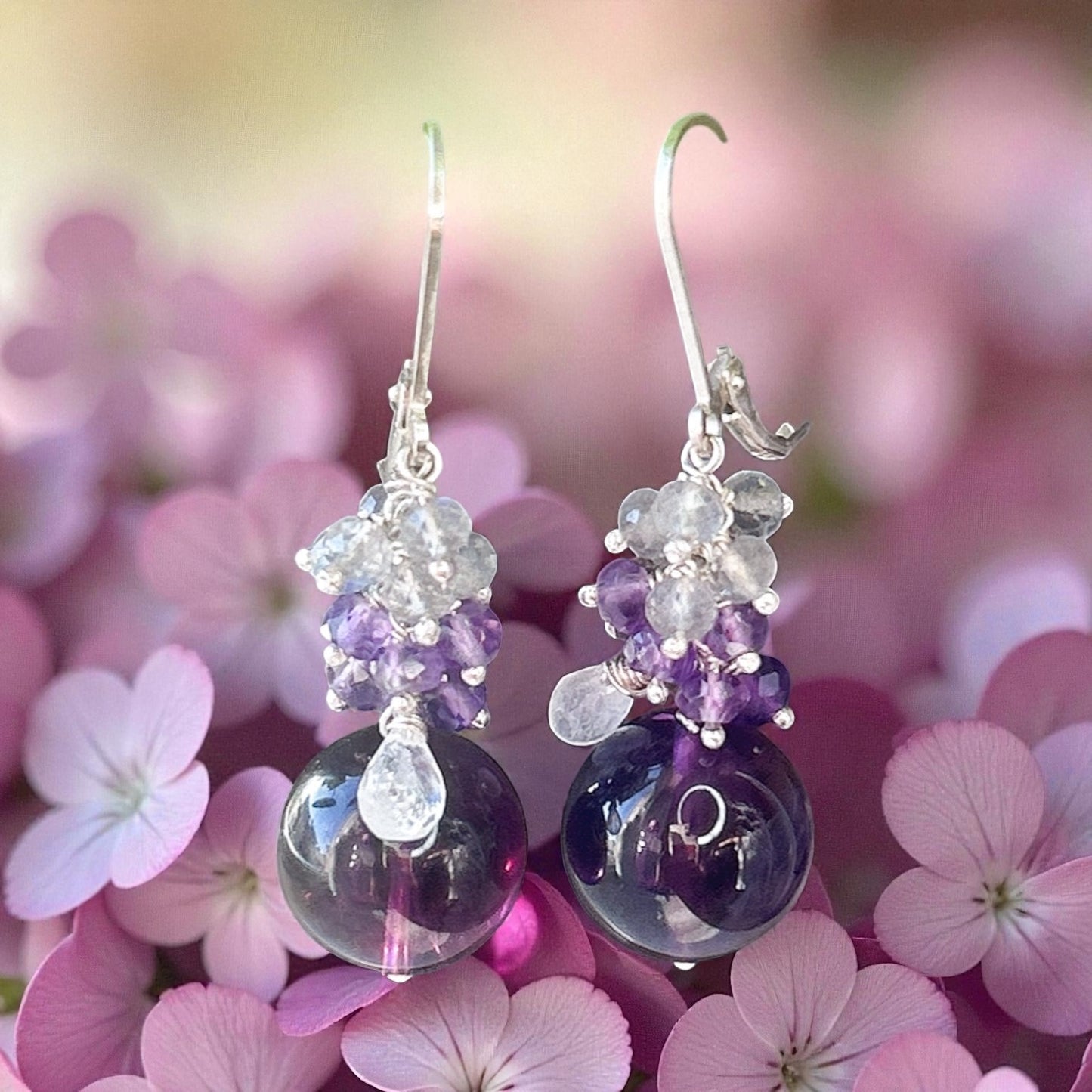 Uruguay Amethyst earrings, 12mm dark amethyst gemstone earrings, with labradorite