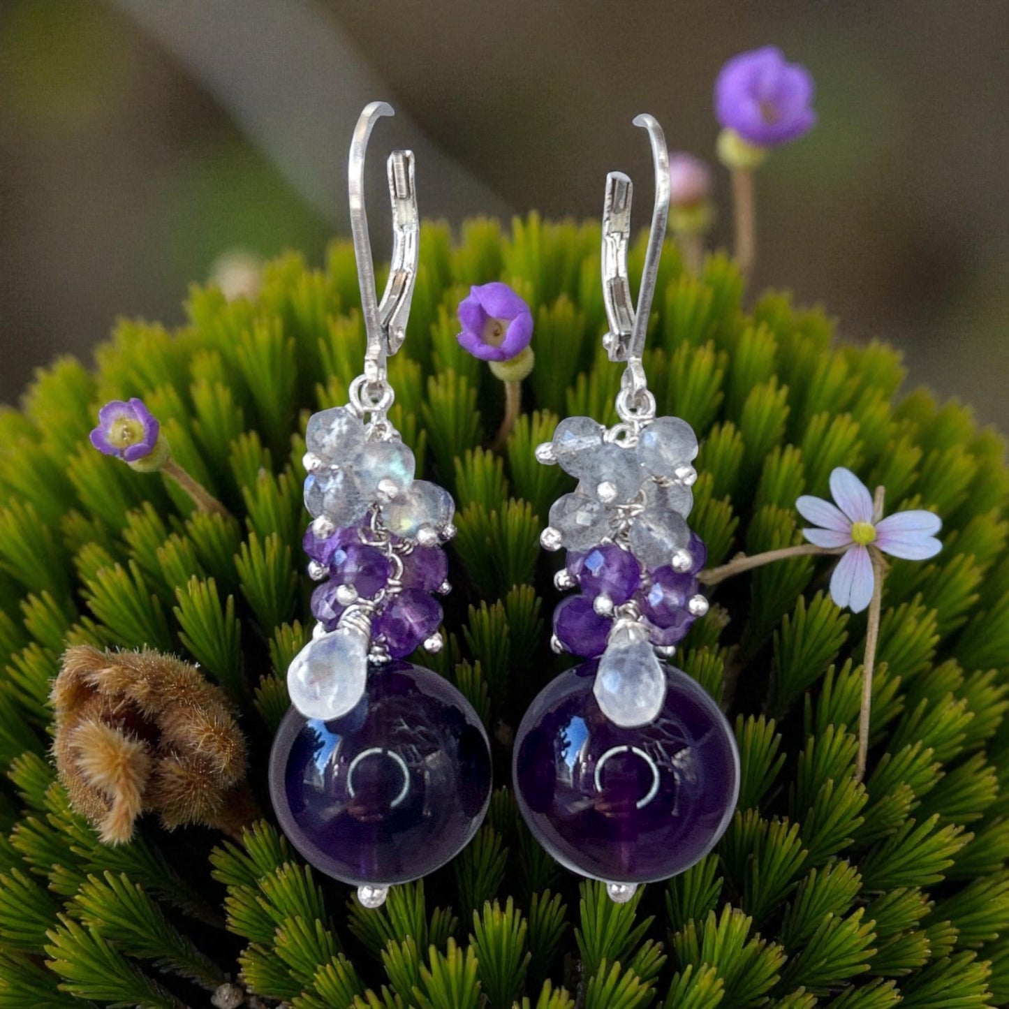 Uruguay Amethyst earrings, 12mm dark amethyst gemstone earrings, with labradorite