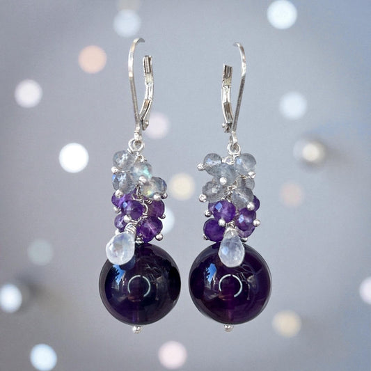 Uruguay Amethyst earrings, 12mm dark amethyst gemstone earrings, with labradorite