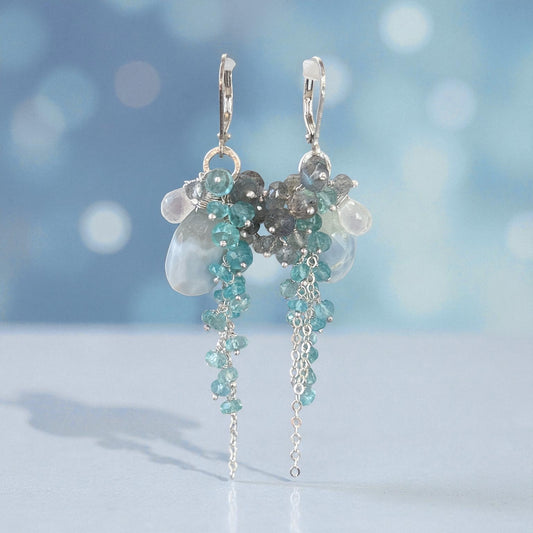 Winter wonderland earring with blue opal, teal apatite, labradorite. Snowy winter outfits for holiday season