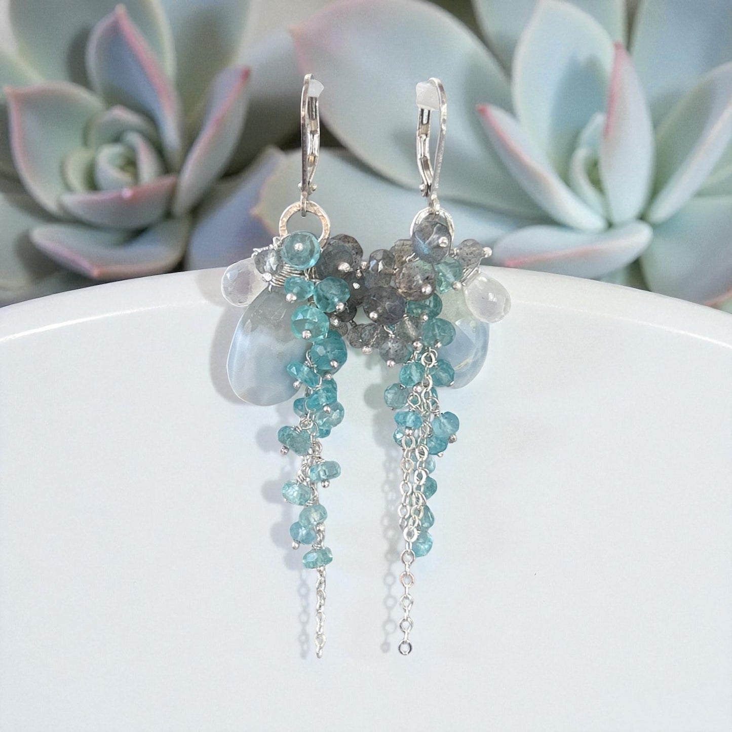 Winter wonderland earring with blue opal, teal apatite, labradorite. Snowy winter outfits for holiday season