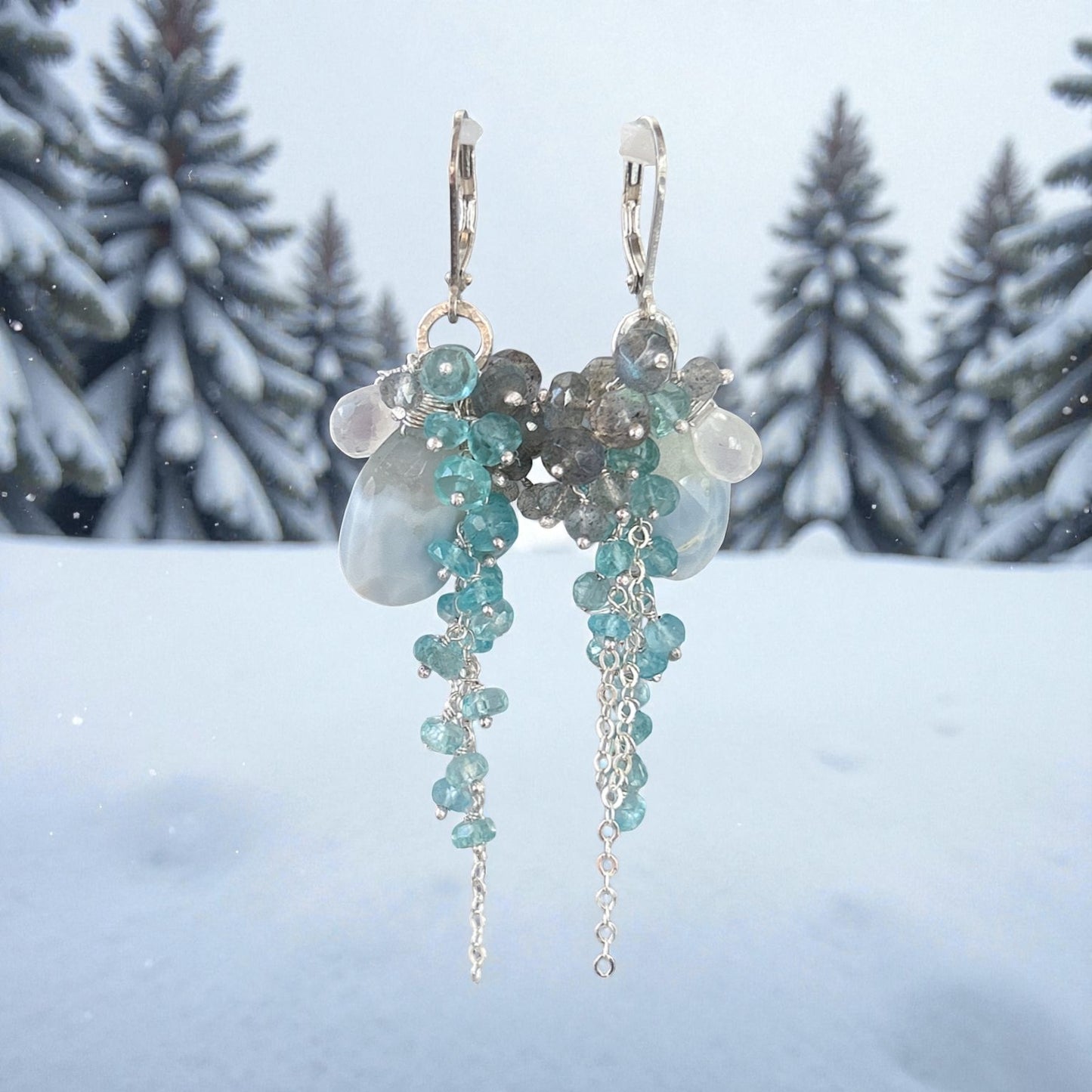 Winter wonderland earring with blue opal, teal apatite, labradorite. Snowy winter outfits for holiday season