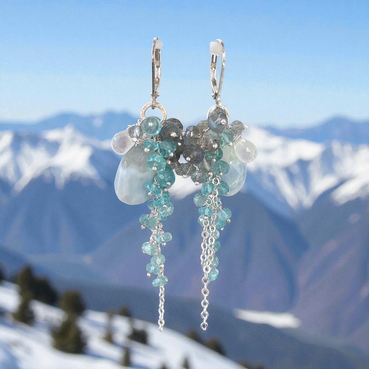 Winter wonderland earring with blue opal, teal apatite, labradorite. Snowy winter outfits for holiday season
