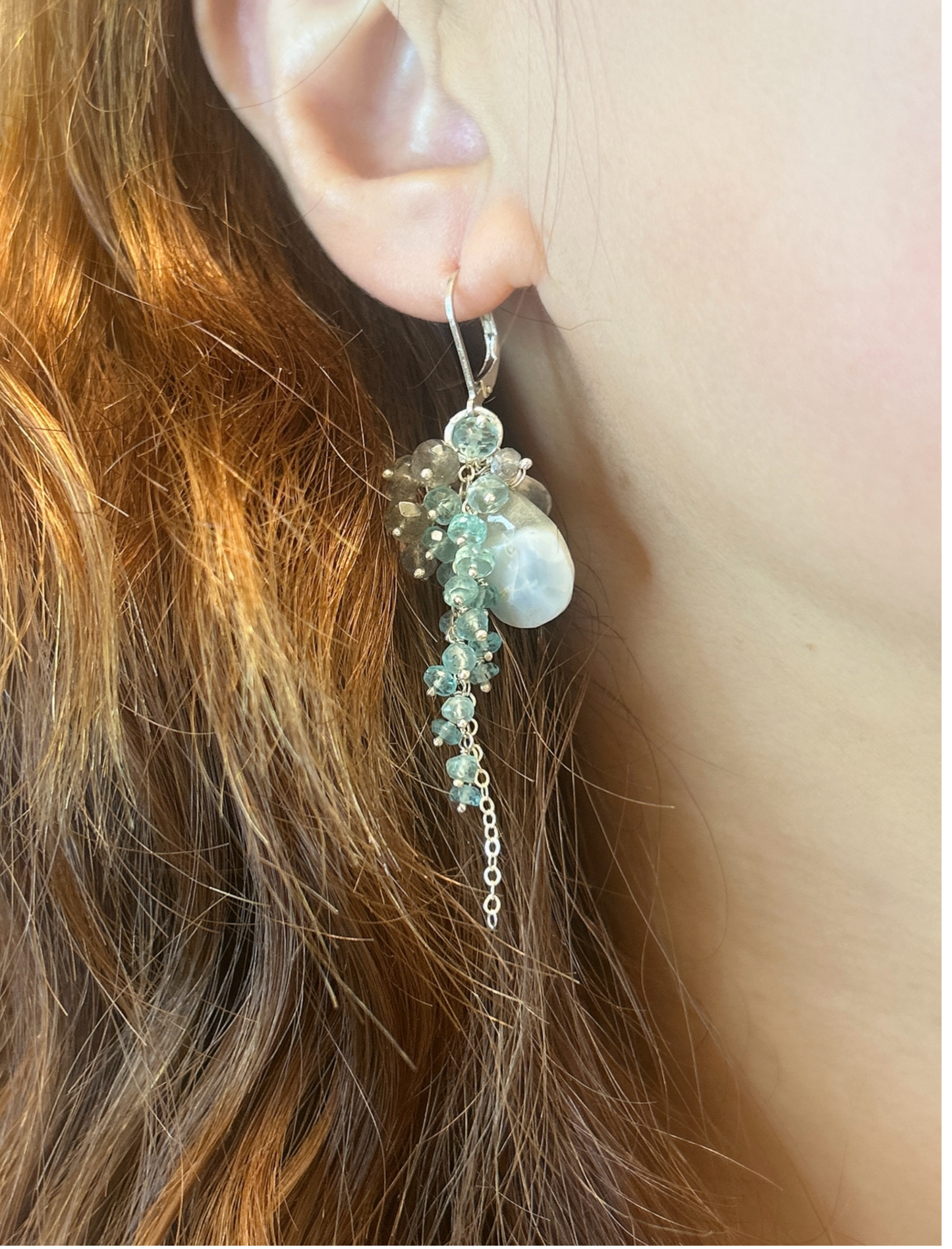 Winter wonderland earring with blue opal, teal apatite, labradorite. Snowy winter outfits for holiday season