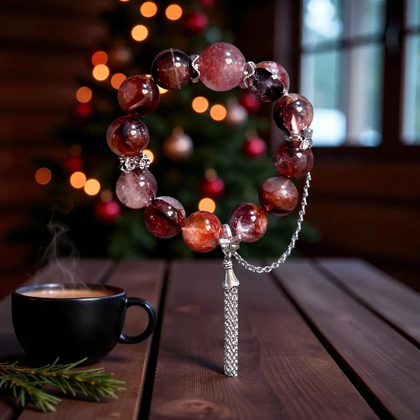 Red fire quartz stretch bracelet,  14MM huge hematoid quartz