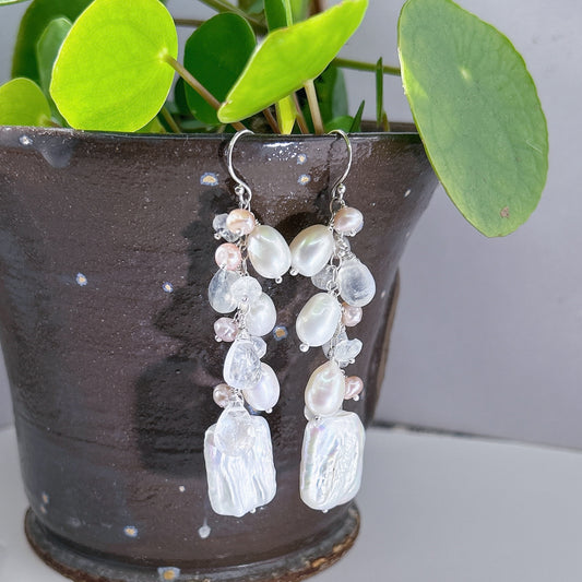 Pearl earrings boho, bridal statement earrings, beach wedding earrings, white biwa pearl cluster earrings in sterling silver