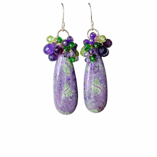Purple Stichtite, 32mm gemstone cluster earrings, amethyst, peridot, tsavorite garnet
