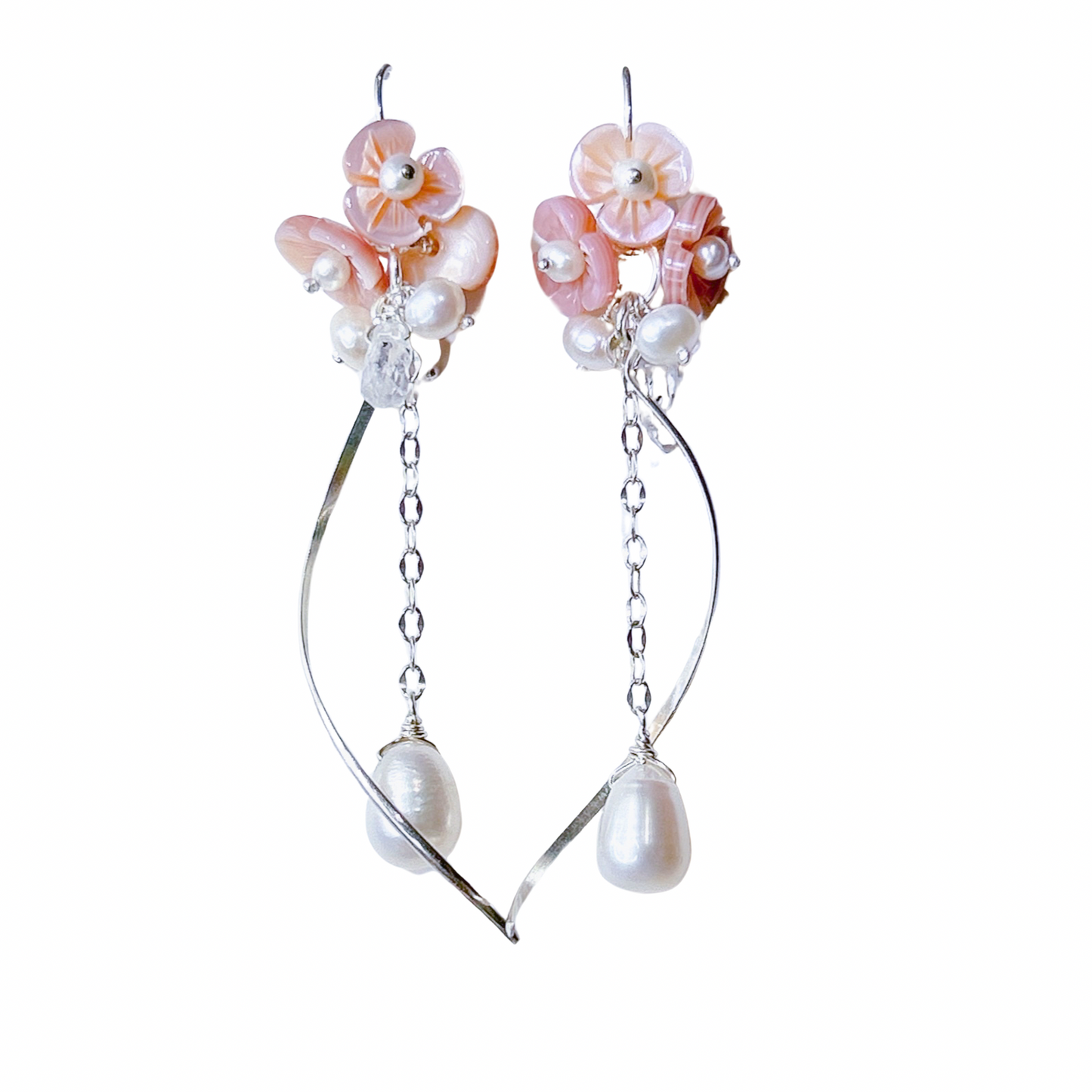 Cherry blossom blushed pink hand craved Sakura earrings, white pearl dangle earrings
