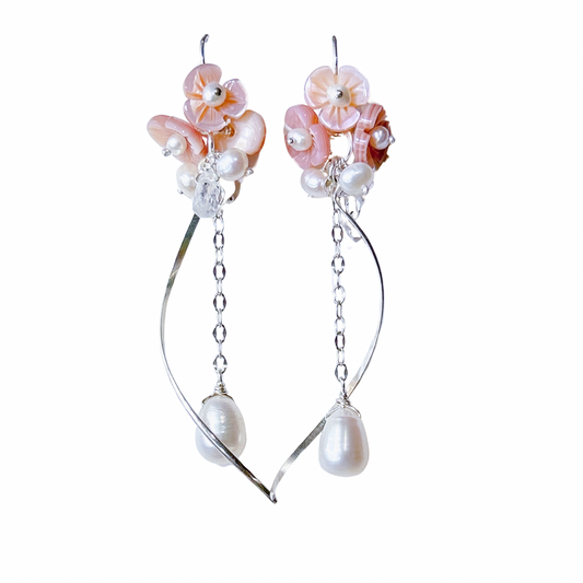Cherry blossom blushed pink hand craved Sakura earrings, white pearl dangle earrings