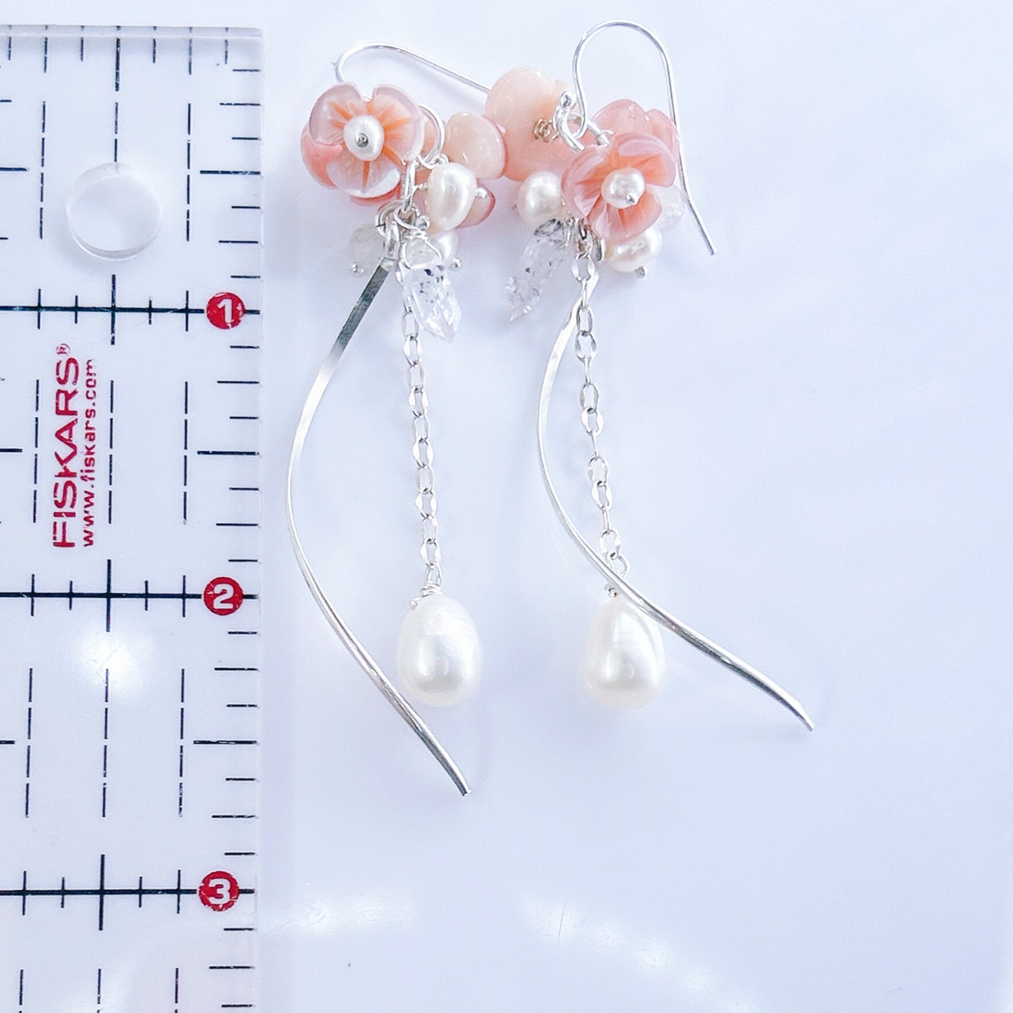 Cherry blossom blushed pink hand craved Sakura earrings, white pearl dangle earrings