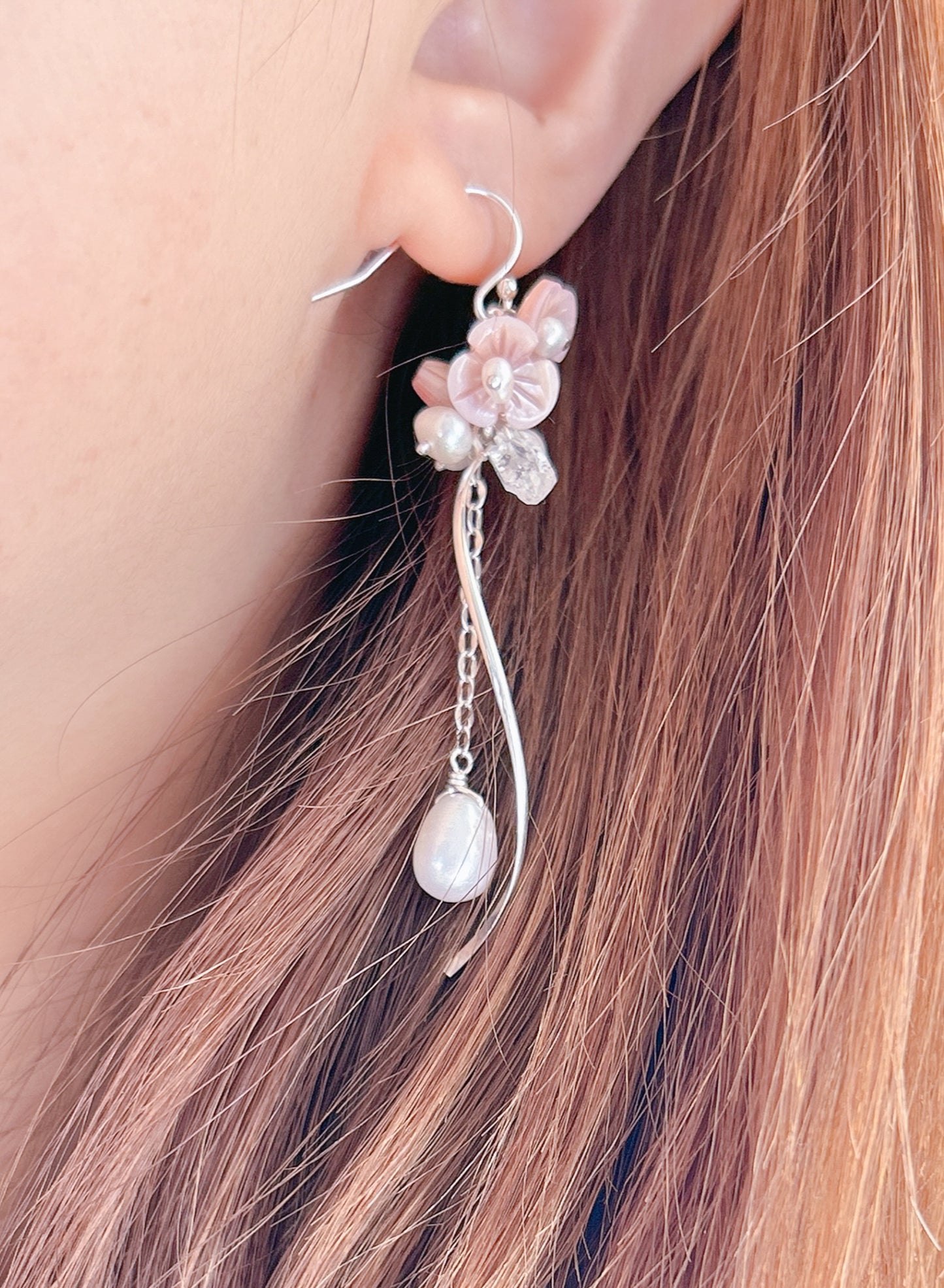 Cherry blossom blushed pink hand craved Sakura earrings, white pearl dangle earrings