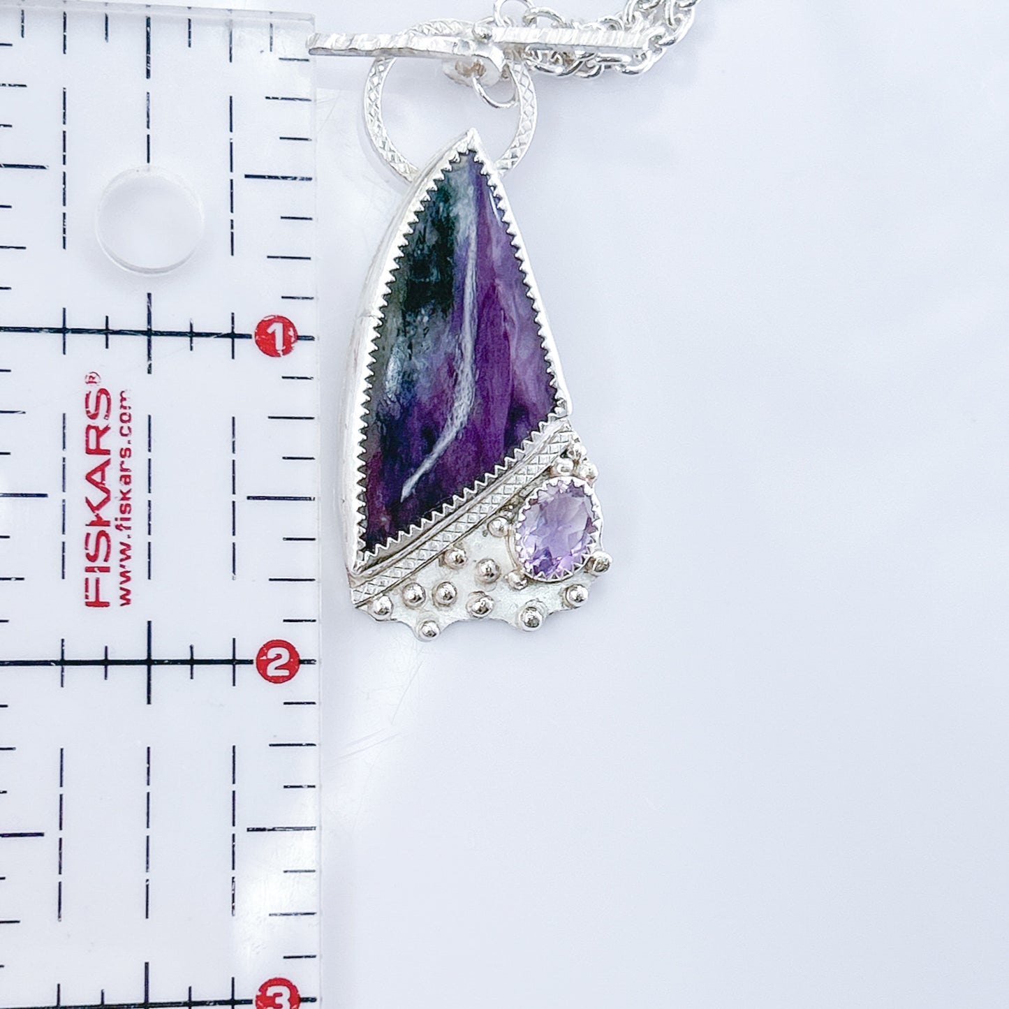 Charoite pendent necklace sterling silver, with amethyst gemstone layering necklace