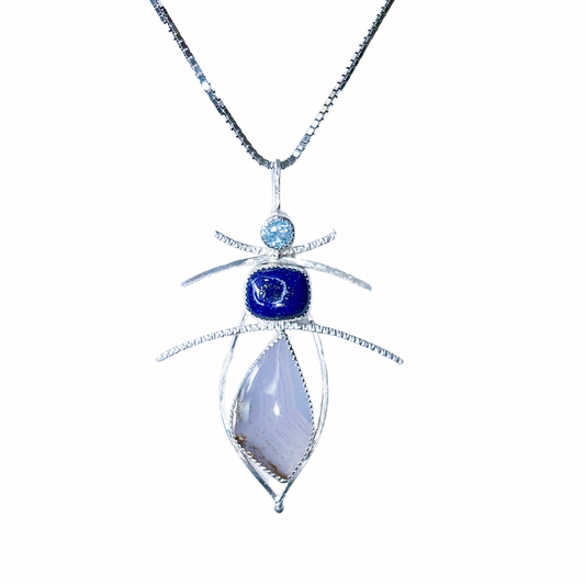 Blue lace agate, lapis lazuli, blue topaz ombré blue gemstone pendant necklace in sterling silver
