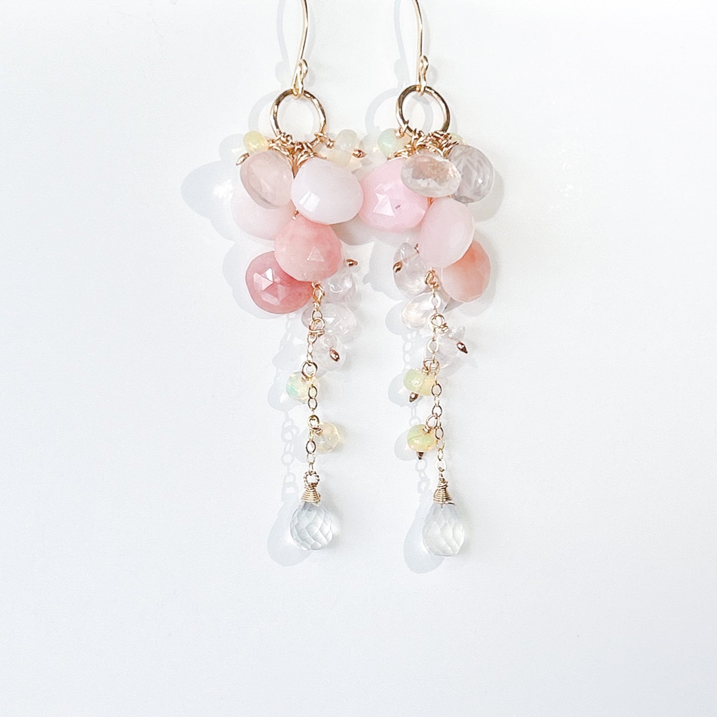 Pink opal Ethiopian opal cluster earrings, long dangle earrings, cascade earrings with natural pink blushed gemstones