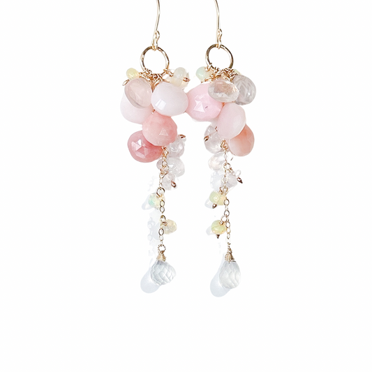 Pink opal Ethiopian opal cluster earrings, long dangle earrings, cascade earrings with natural pink blushed gemstones