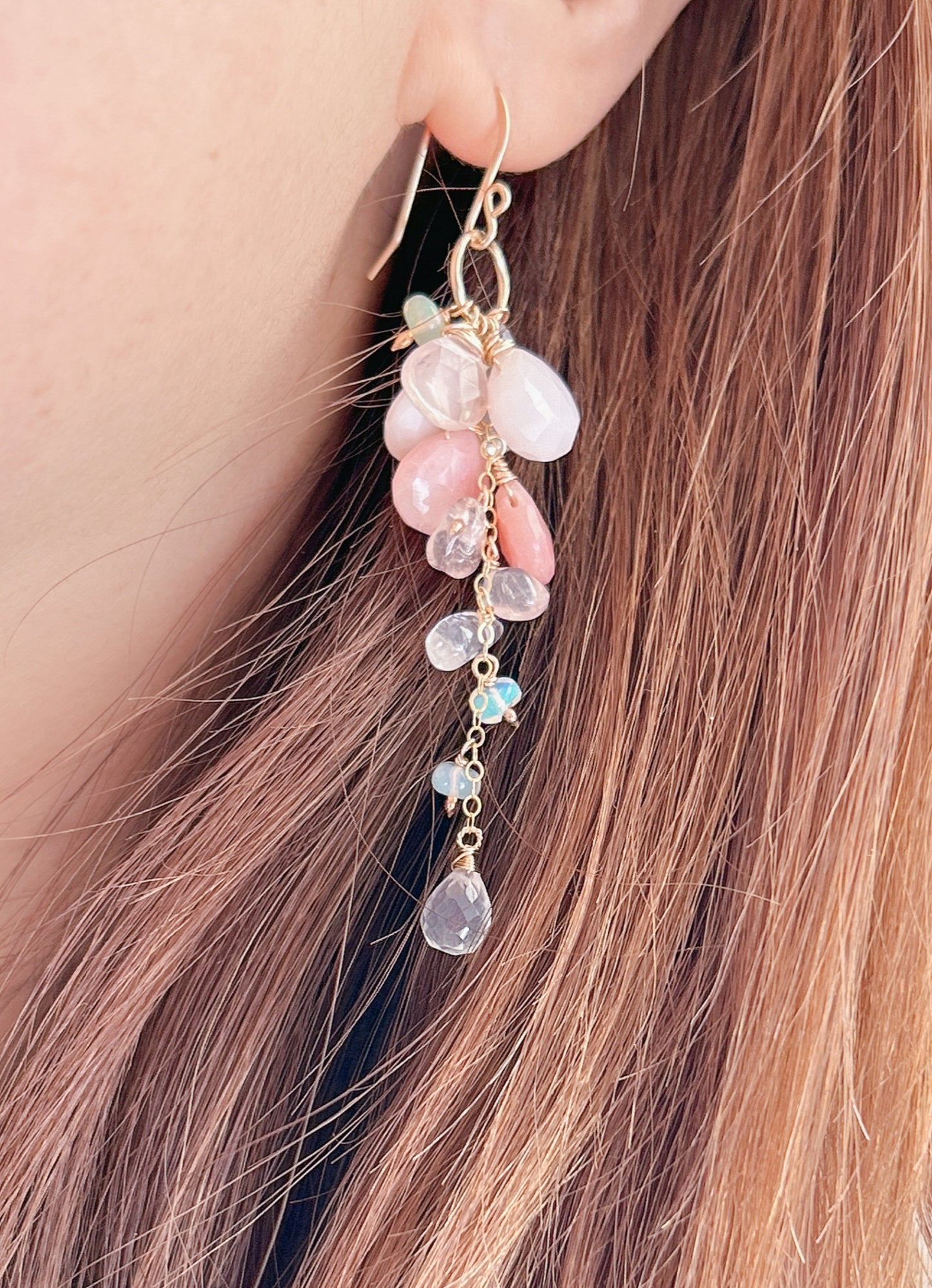 Pink opal Ethiopian opal cluster earrings, long dangle earrings, cascade earrings with natural pink blushed gemstones