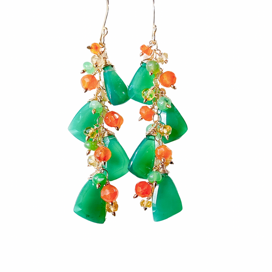 Green onyx long dangle earrings, green onyx, citrine, carnelian, vibrate gemstone earrings