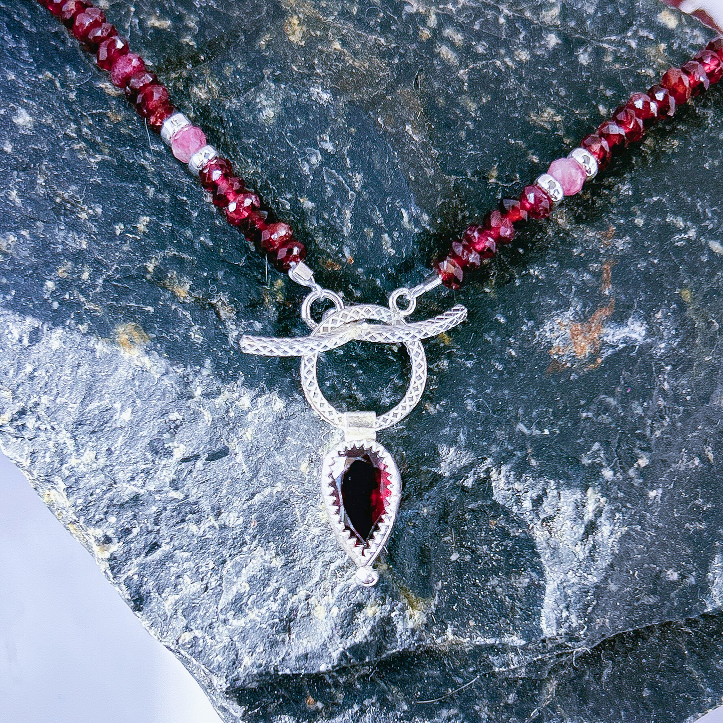 Garnet locket necklace, beaded garnet gemstone chocker necklace, fancy statement layering necklace with sterling toggle clasp.
