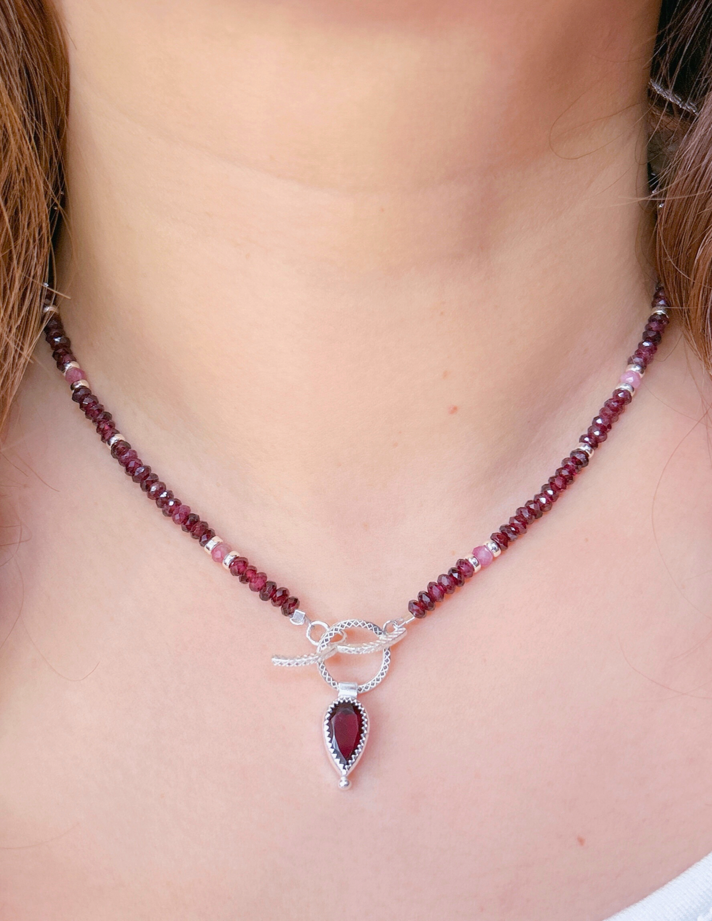 Garnet locket necklace, beaded garnet gemstone chocker necklace, fancy statement layering necklace with sterling toggle clasp.