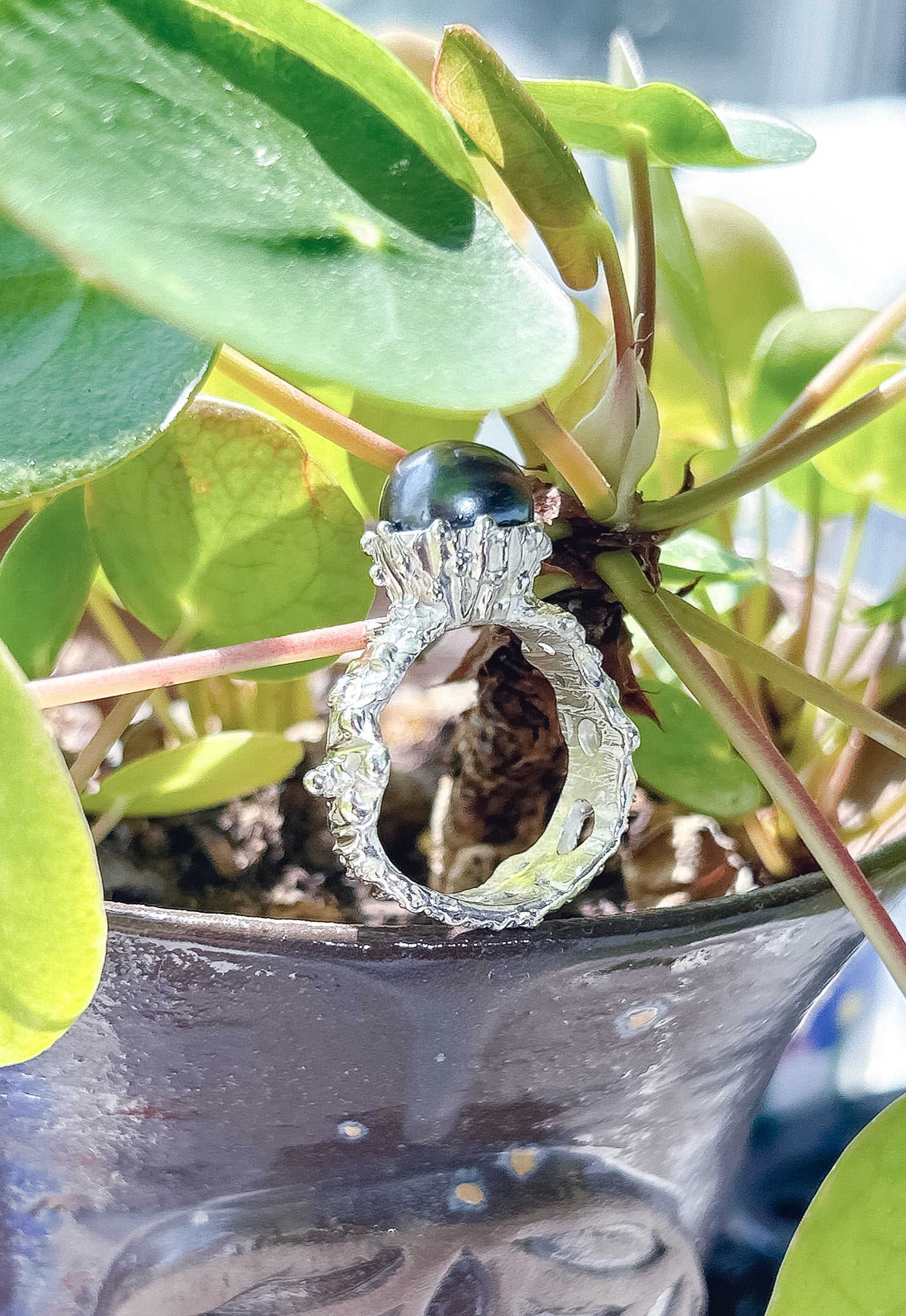 black pearl statement ring with textured finish, hand-carved casting ring band with 8mm cultured freshwater pearl