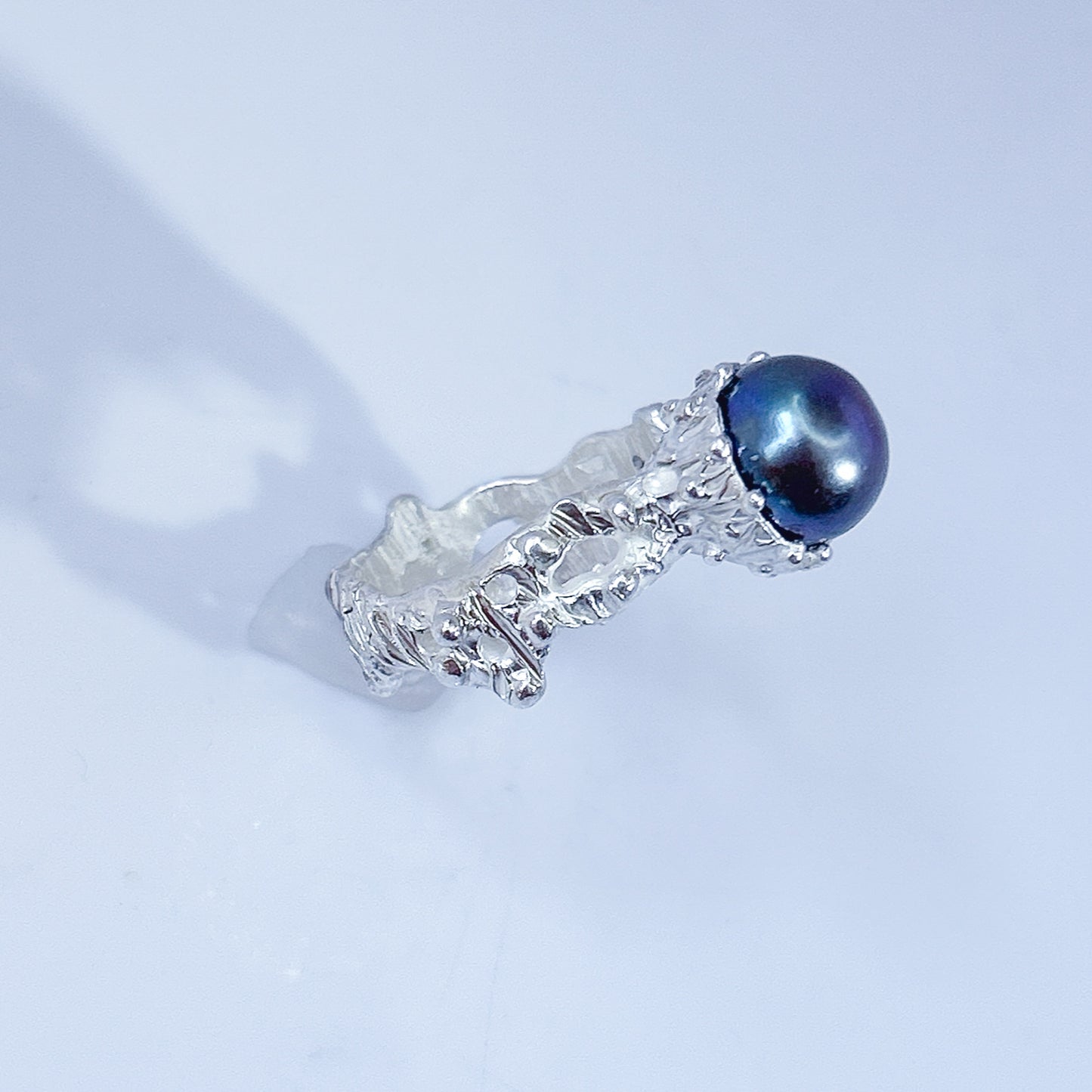 black pearl statement ring with textured finish, hand-carved casting ring band with 8mm cultured freshwater pearl